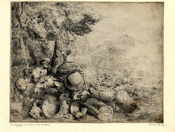Flock of sheep surrounding a laden donkey