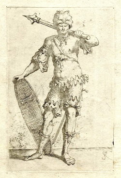 Standing figure of a soldier holding arms and a shield