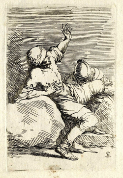 Two male figures: one figure leaning back, the other with a helmet