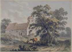 Landscape with a country Chapel, Trees and two Cows