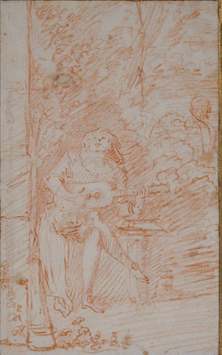 Mezzetin, seated on a bench, playing a guitar