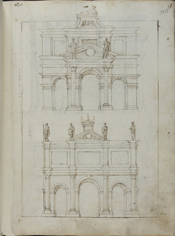 Recto: Two classical-style facades, each with three openings 
Verso: Forum of Nerva In Rome (Le Colonnacce) and below a classical-style building with one opening