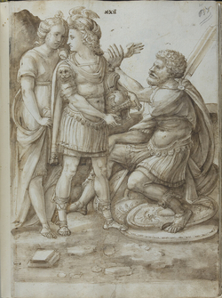 Recto: Two soldiers and a female figure in conversation 
Verso: blank