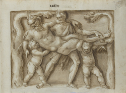 Recto: Drunken Pan carried by two amoretti and a satyr, the left end of the Triumphal Procession of Bacchus and Ariadne
Verso: Cassicing scene, half a scene
