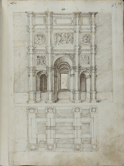 Recto: Triumphal arch with three openings, plan and elevation 
Verso: Arch of Titus, plan and elevation