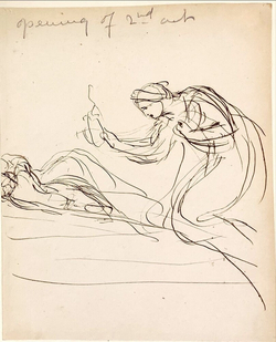 Theatrical Sketches, Opening of 2nd Act, The Heroine kneels over a sleeping person, holding an object