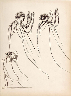 Theatrical Sketches, Three sketches of Norma in a long cape, backing away with both hands raised