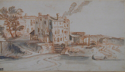 A building by a lock-gate with a bridge on the right