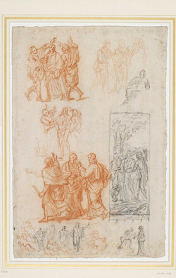 Recto: Studies for a composition of Christ on the road to Emmaus and for Christ and the woman of Samaria
Verso: Studies of kneeling and seated figures