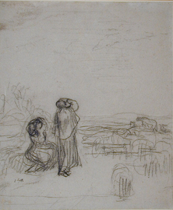 Recto: Two women, one seated, the other standing, looking towards upper right
Verso: Figure studies, including three studies of men carrying faggots
