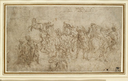 Recto: Sketch for a composition of The Defence of Scutari
Verso: Rough layout, giving measurements, of the smaller compartments of the ceiling in the Sala del Maggior Consiglio