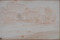 A landscape with a gatehouse and a large building on a hill, upper left