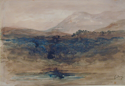 A mountain landscape with thick woods above a stretch of water