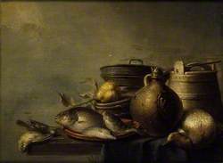Still Life of Fish, a Pear, Game and Kitchen Utensils