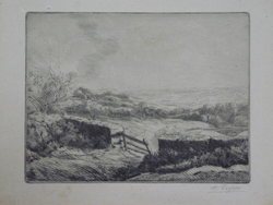 Distant landscape with stone wall and half-open gate