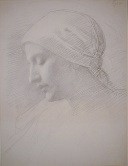 Head of a woman, wearing a headscarf, in profile to left
