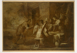 Abraham and the three Angels | Abraham approaching at left, bending forward and his hands folded together reaching out, the three angels around a table at right, two of them seated and one standing up, pointing at Abraham, with a figure standing in an open door in centre background (descriptive)