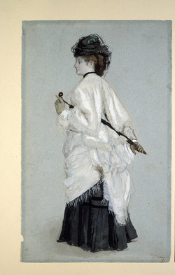A woman in outdoor costume, standing, facing left