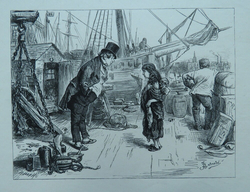 Illustration: a dockside conversation  between a portly middle-aged man and a bedraggled girl