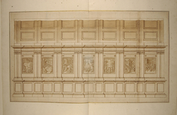 Recto: View of the interior of a building (section) incorporating reliefs with scenes of the Passion of Christ
Verso: Plan of a building