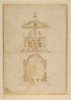 Plan and elevation of the oratory of San Carlo Borromeo, Porlezza