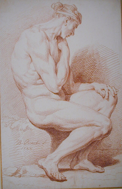 A male nude, seated on a bank, in profile to right