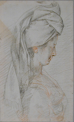 Bust of a woman, in profile facing right, wearing a scarf tied round her head