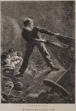 'He dragged a heavy sail across.'