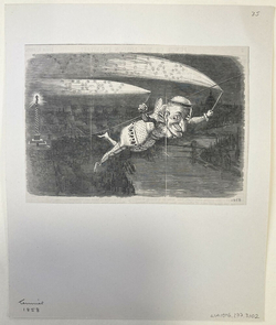 Caricature of an acrobat hanging from a wire in mid air over a river with fireworks in his hands