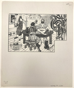 Caricature of two men dressed as Roman soldiers seating around a table drinking