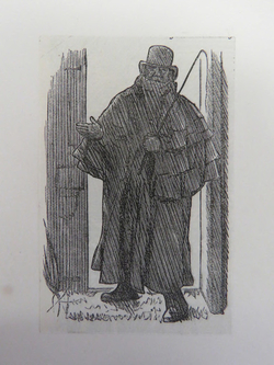 Man in doorway wearing greatcoat and holding horse riding whip