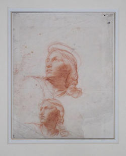 Recto: Two Studies of Heads, one with a Halo
Verso: Study of Drapery