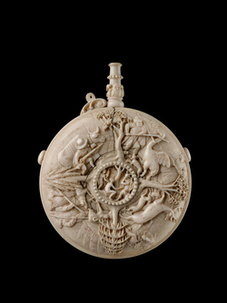 Powder-flask decorated with Scenes of Hunting and the Metamorphosis of Actaeon