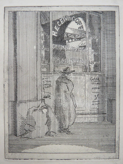 Street scene with solitary figure at a railway terminus 'Goods and Parcels' office
