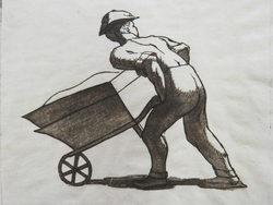 Man pushing wheelbarrow
