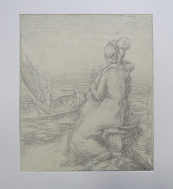A woman and her two children bidding farewell to her husband going off to sea