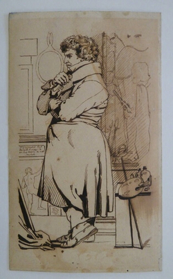 Self-portrait standing, facing to left, with palette and mahlstick