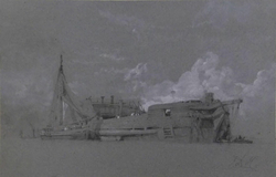 A Barge moored by an old Hulk