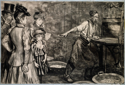 A group of visitors watching a workman raking out a furnace