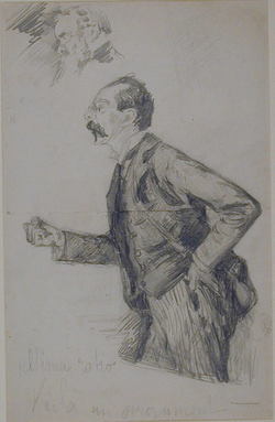 A man standing in profile, right fist clenched, with a separate study of a man's head