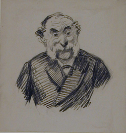 Bust of a man with moustache and sideburns