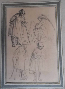Four sketches of men, one seated, three standing, leaning on a stick