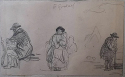 Recto: Two sketches of a woman with two children, seen from front and rear, and standing man in profile
Verso: Sketches of an elderly man, seated and standing, and a seated woman and child
