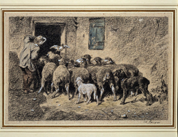 A shepherd and his dog herding sheep through a doorway