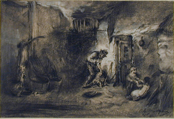 A farmyard with a man working and two children on the right
