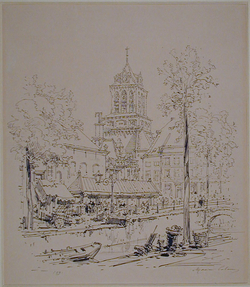 View of the fish market and the tower of the town hall at Delft