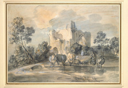 Landscape with a ruined Castle, and Cattle by a Pool