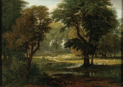 Sheep and Horses grazing under Trees