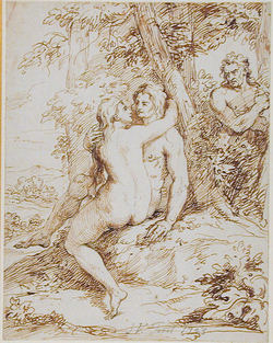 Adam and Eve watched by Satan