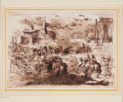 Cavalcade approaching a walled town